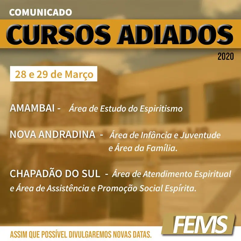 Adiados os eventos dos dias 28 e 29 de março de 2020
